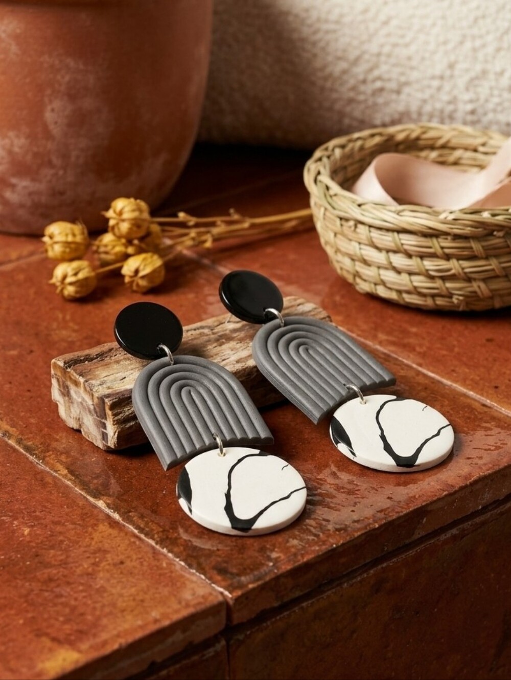Polymer Clay Arch Statement Drop Earrings Modern Boho Black White Sterling Posts - Picture 6 of 17